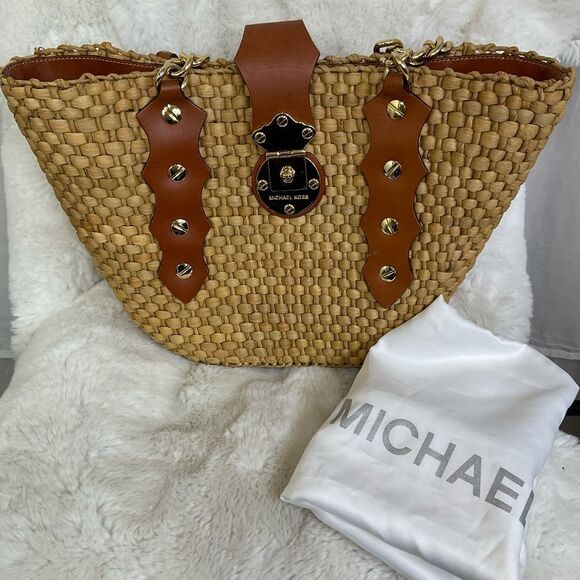 Michael Kors Vintage Women’s Santorini Straw Raffia Leather Tote Shoulder Bag - Picture 1 of 16